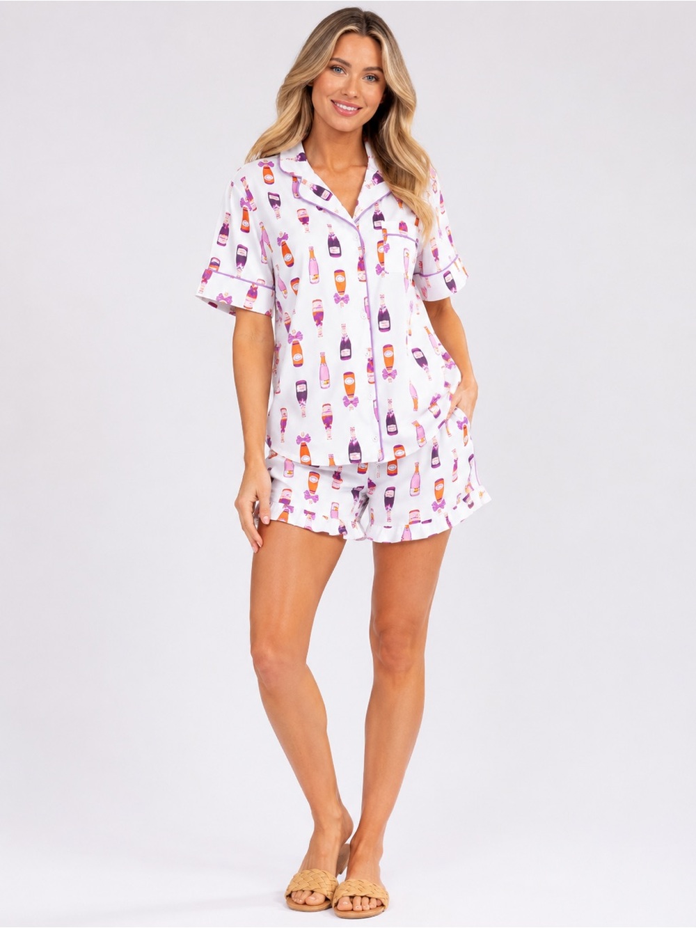 Champagne Kisses PJ Set, Champagne bottle print shorts Sleepwear lounge wear.